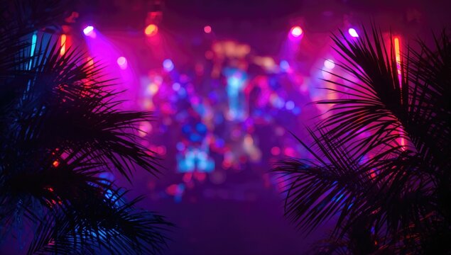 Abstract background with colorful neon lights and bokeh, featuring tropical leaf silhouettes on a blank backdrop