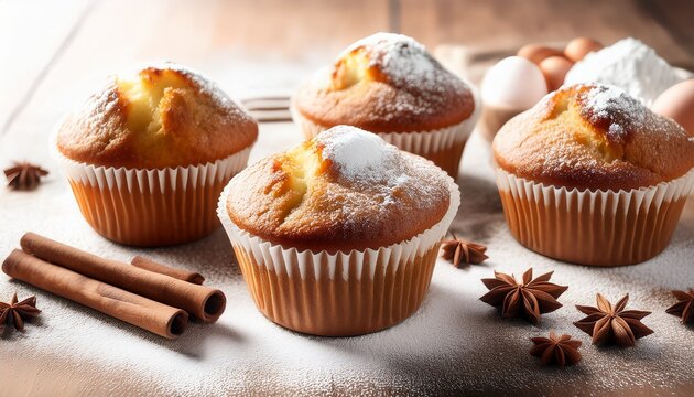 Three Freshly Baked Muffins Dusted With Powdered Sugar Surrounding Ingredients Include Eggs Butter Brown Sugar And Cinnamon Sticks