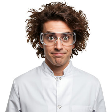 Man with frizzy hair wearing safety glasses and a white lab coat against a black background on transparent background