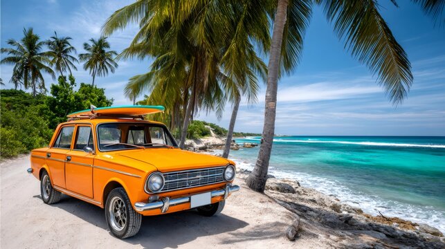 Vintage car surfboard tropical beach summer road trip - Powered by Adobe