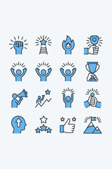 Minimalist blue icons set representing success achievement growth and goals