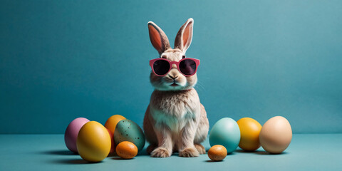A brown Easter bunny wearing sunglasses sits among a collection of colorful painted Easter eggs against a vibrant blue background