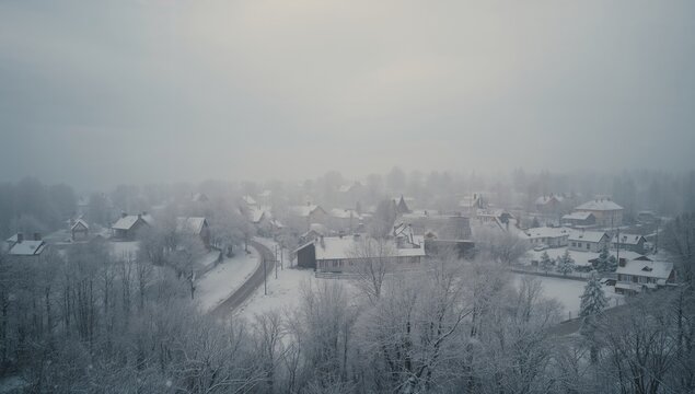 Snowy rural landscape with trees and houses under a winter sky