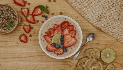 Healthy morning meal for weight management with homemade muesli and fresh fruit on a wooden surface