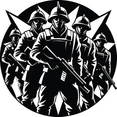 Silhouette of armed soldiers in tactical gear – military squad formation with helmets, rifles, and combat uniforms, isolated black vector illustration of special forces