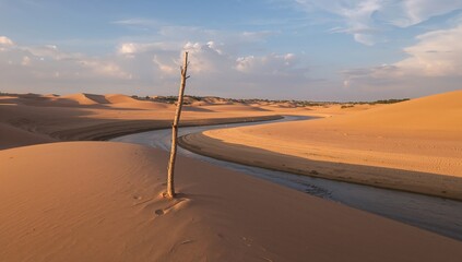 A natural monument amid sandy hills, scenic views, flowing water, terrain, sand formations, stratifications, wooden elements