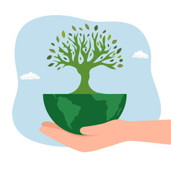 People Characters trying to Save Planet Earth. Woman and Man Planting and Watering Trees, Measuring Planet Temperature. Global Warming and Climate Change Concept. Flat Cartoon Vector Illustration.