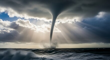Powerful Waterspout Forms Over Choppy Ocean Under Dramatic Sky.