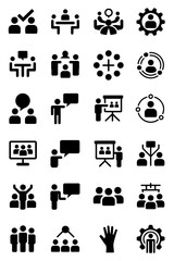 Set of 20 black and white icons for teamwork collaboration meeting and business concepts