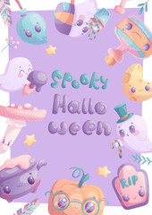 Halloween greeting card design. Ghost, Cat, Pumpkin, Bat, Spider, Fly Agaric, Potion, Owl, Cauldron. Cartoon children's vector illustration for the design of postcard, poster, banner, invitation