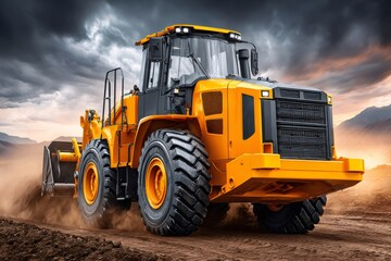 Fototapeta premium Yellow wheel loader working creating dust road