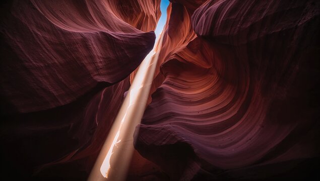 A ray of sunlight pierces through the narrow rock formations in a famous slot canyon