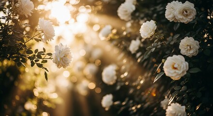 Sunlit roses in a garden create a warm and inviting atmosphere image