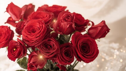 Obraz premium Stunning cluster of crimson roses in a close-up shot. Perfect for celebration cards like Women's Day, Mother's Day, or Valentine's Day.