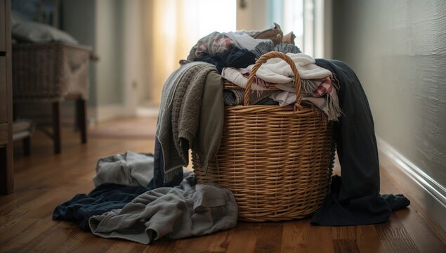 Close-up of a loaded laundry hamper placed on the ground indoors