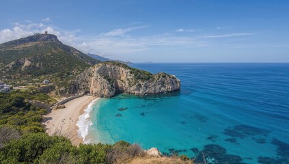 Obraz premium Bird's-eye view of a Mediterranean island's coastline and Cala Xinxell
