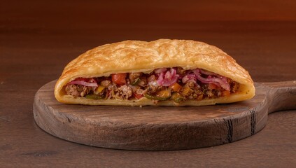 Tuna and Vegetable Filled Galician Pie on Wooden Surface - Horizontal