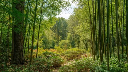 Fototapeta premium Abstract pattern of bamboo and tree leaves in a natural garden setting