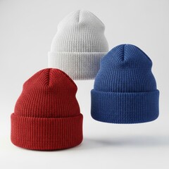 Three colorful beanies isolated on white background