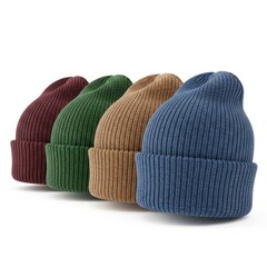 Four colorful beanies isolated on white background