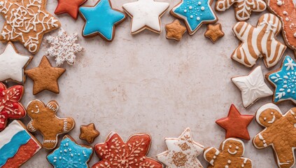 Greeting card template for February 23 featuring gingerbread and patriotic flag elements, flat lay with copy space, mockup