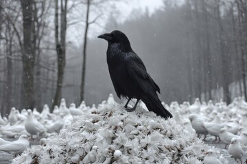 Obraz premium Black raven on white flowers, winter scenery with blurred background. Use this image for concepts of nature, contrast or natural composition.