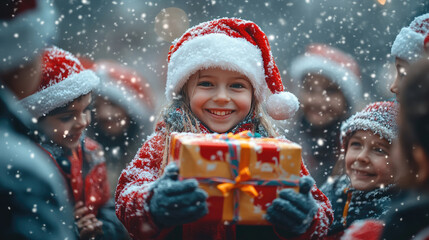 christmas street charity event with volunteers giving gifts to poor children, snow-covered surroundings and true spirit of giving