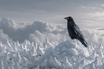 Raven standing tall among white doves, clouds behind. It illustrates leadership, courage, and standing out.