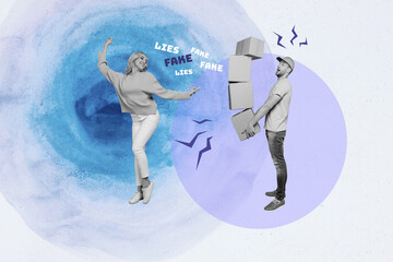 Image art collage of people having fake news phrase on purple background