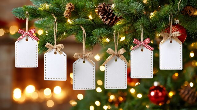 Blank christmas tags hanging on festive tree