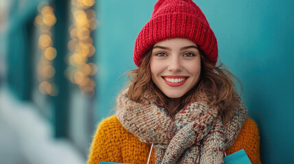 Young smiling woman wearing winter clothes and santa hat is holding colorful shopping bags after christmas sale, black friday, cyber monday or winter promotions