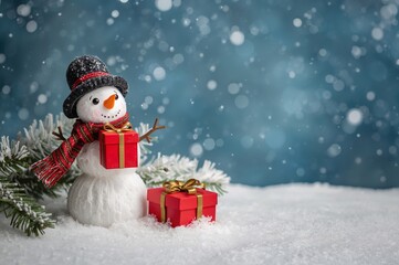 Fototapeta premium Winter holiday fantasy setting featuring a cheerful snowman adorned with a hat and scarf, clutching beautifully wrapped red gifts amidst snowy surroundings.