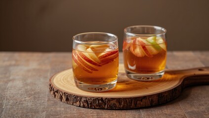 Transparent glasses filled with apple cider and apple slices on a wooden surface