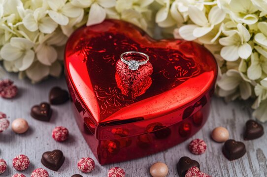 A glossy crimson heart-shaped present box featuring an embossed pattern, adorned with an engagement ring placed on a heart-shaped sweet. Surrounding candies and white hydrangea blossoms create a