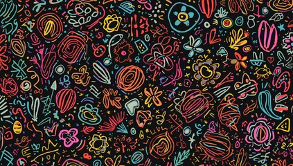 Set of seamless patterns with colorful line doodles. Collection of creative minimalist art backgrounds featuring basic shapes in a trendy design. Modern abstract colored backdrops.