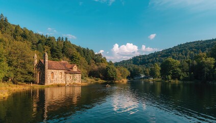 Fototapeta premium Ruined Orthodox church dedicated to Saint John of Rila near a large reservoir in a mountainous area