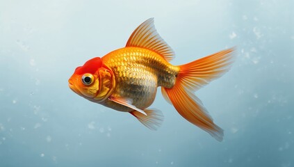 Fototapeta premium Close-up of a red Oranda goldfish swimming in water, isolated on a natural blue background