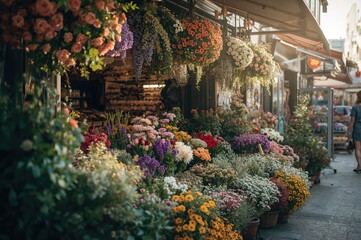 Fototapeta premium Marketplace flower shop bursting with blooms in spring and summer