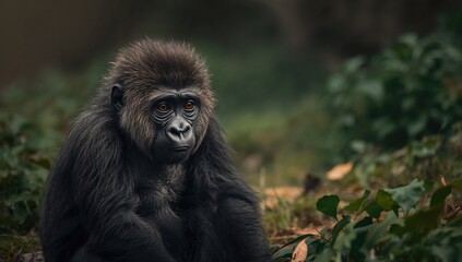 Obraz premium A young gorilla contemplating existence while seated.
