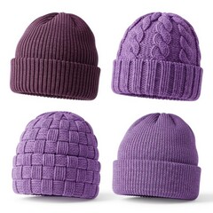 Four knitted hats isolated on white background