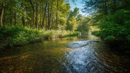 Obraz premium A narrow stream flowing under bright sunlight surrounded by lush vegetation