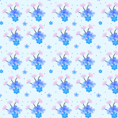 Cute seamless pattern with simple blue .Light Pink and Black flowers