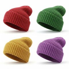 Four colorful beanies isolated on white background