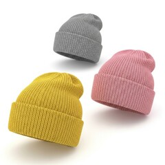 Three knitted hats isolated on white background