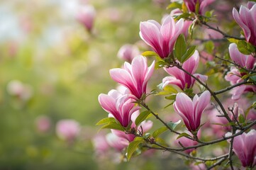 Obraz premium Pink magnolia blossoms on a flowering spring branch