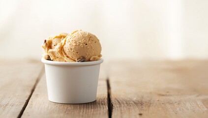 Delicious rum raisin flavored ice cream served in a cup on a wooden surface