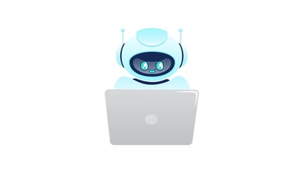 Friendly robot working on laptop with white and green screen background - Powered by Adobe