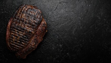 Fototapeta premium Bone-in grilled steak on a dark stone surface. Overhead view with space for text.
