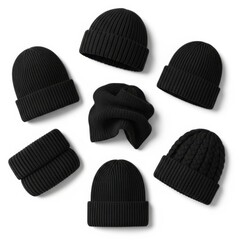 Black beanies arranged isolated on white background