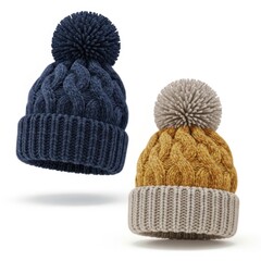 Two knitted bobble hats isolated on white background